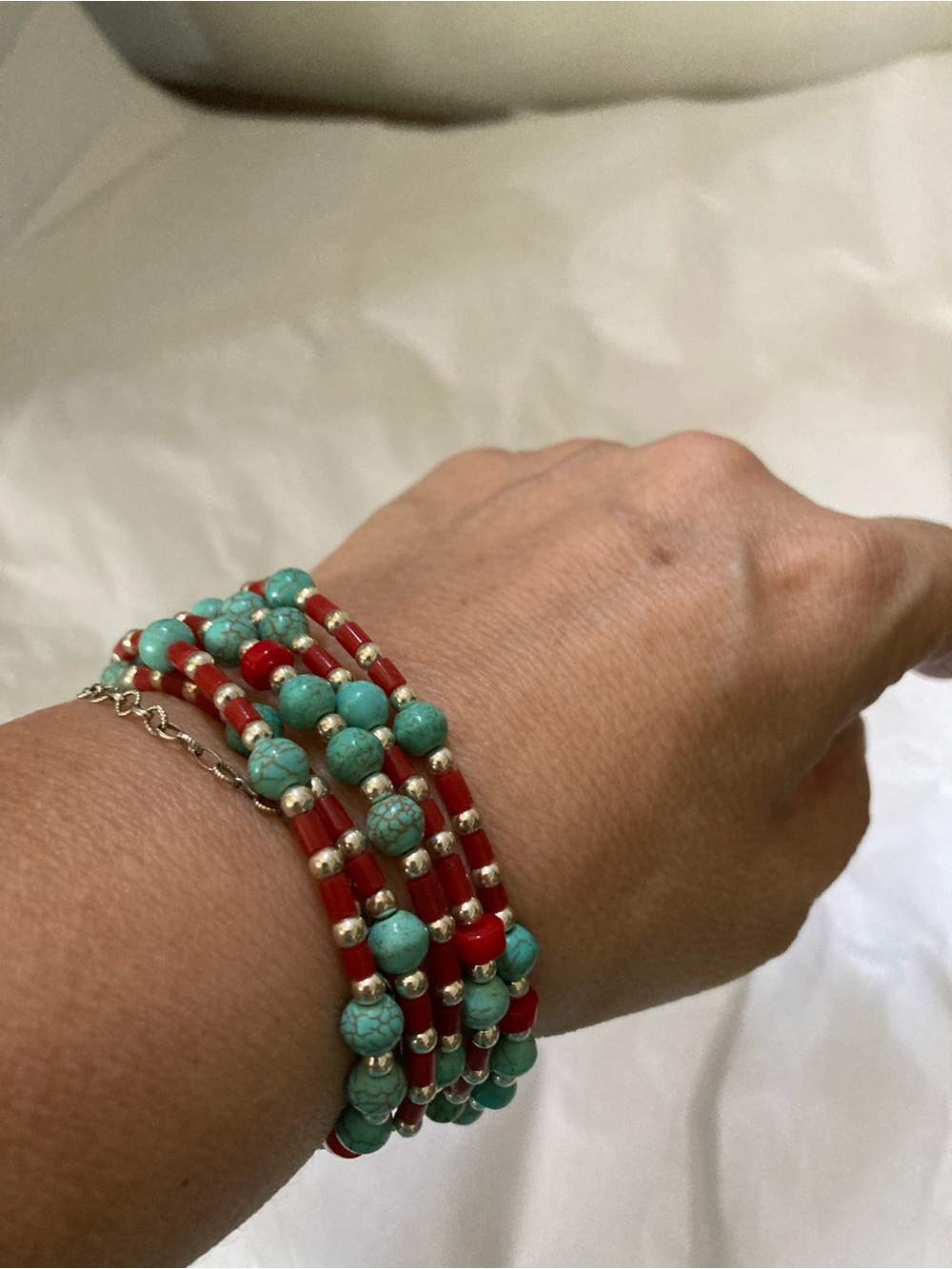 Turquoise & Red Beaded Wrap Bracelet - Unbranded